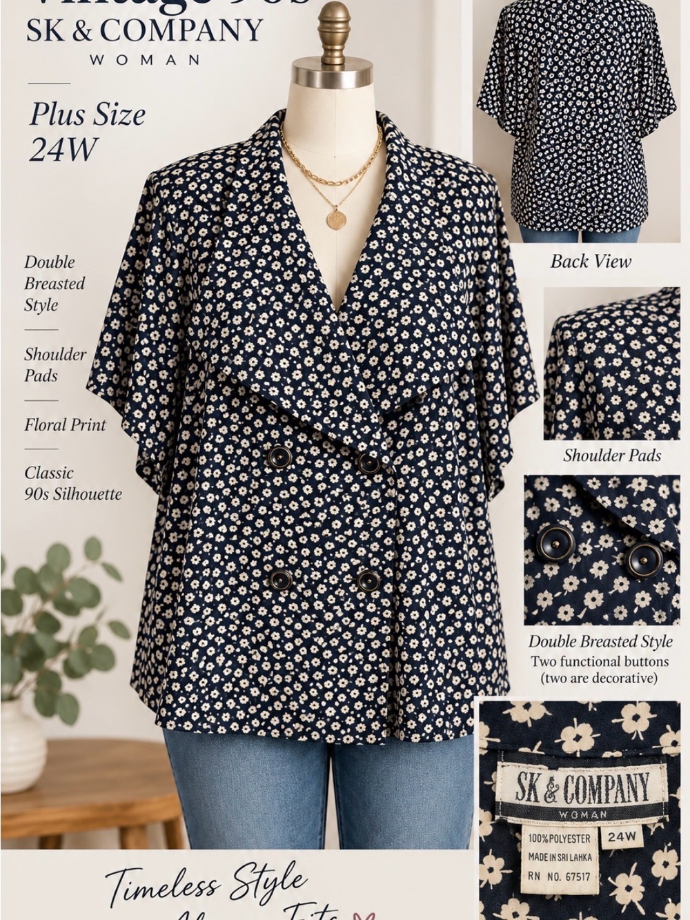Vintage 90s Floral Double-Breasted Plus-Size Top - size 24